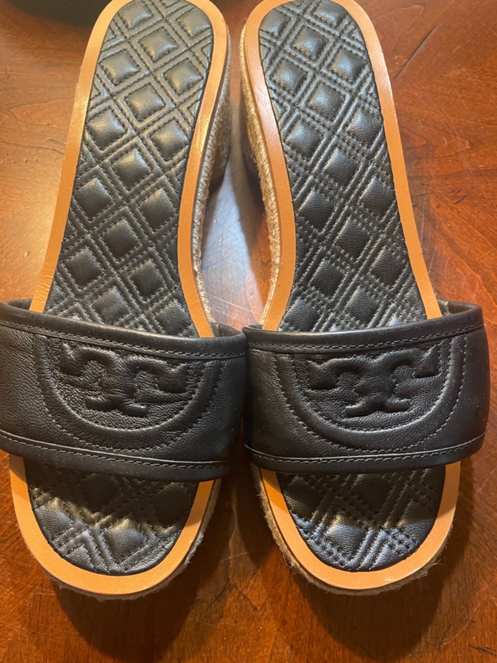 Tory Burch leather Fleming Espadrille Sandals Black mule with Tan Trim size 8